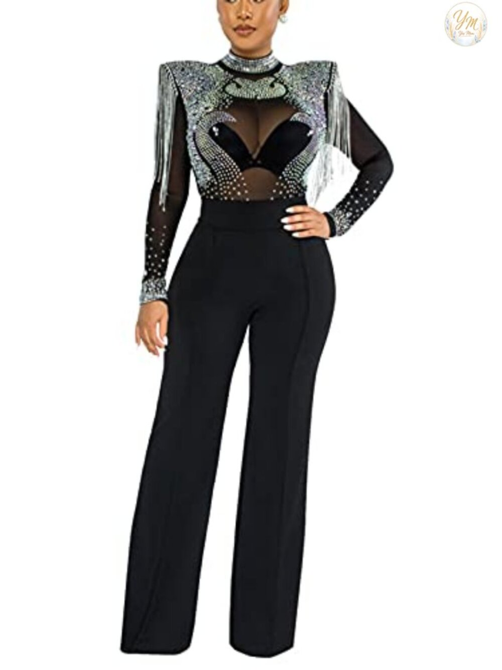 Women's Elegant Bodycon Jumpsuit Long Sleeve Sheer Mesh Rhinestone Party